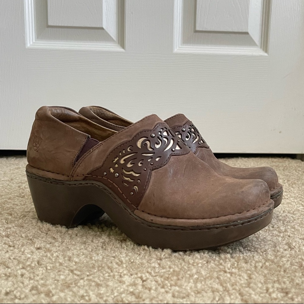 Ariat Tambour Nubuck Suede Leather Brown Gold Laser Cut Clogs - 7.5